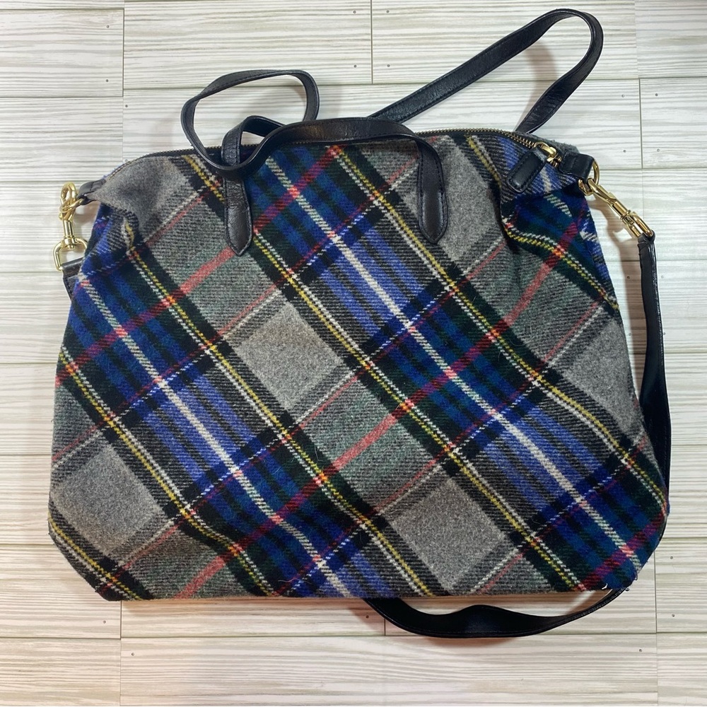 TALBOTS Purse Blue Grey Tartan Plaid Tote Shoulder Bag Faux Leather Straps
